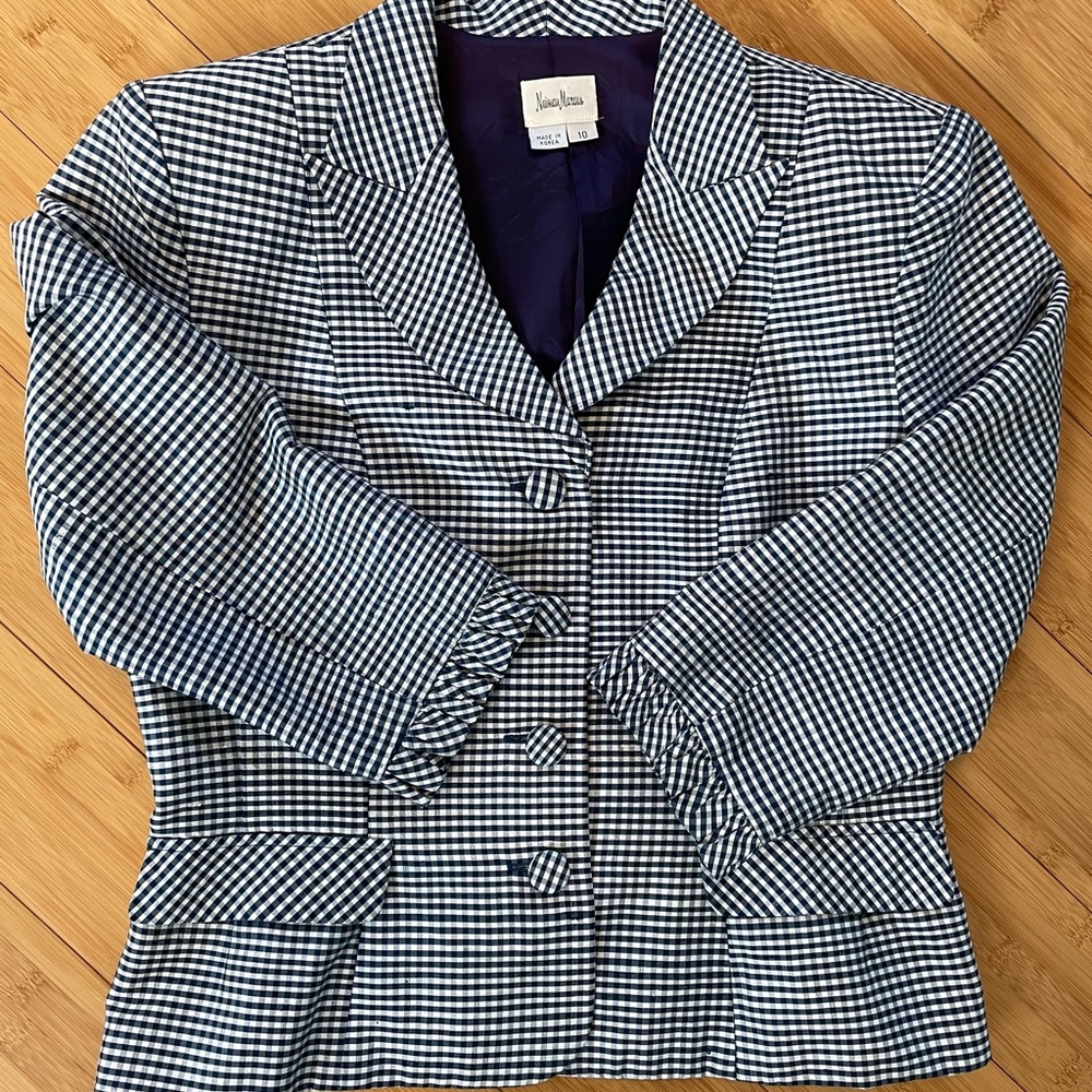 Neiman Marcus Navy and White silk Checkered Blazer